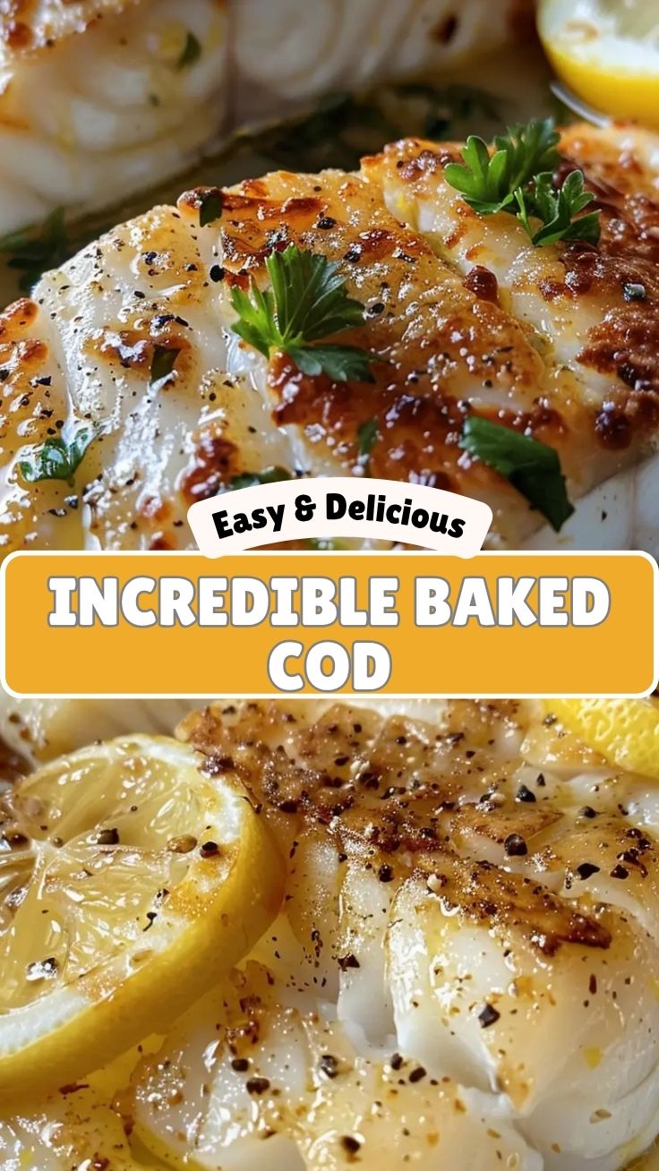 Freshly baked cod with lemon butter sauce on a white plate
