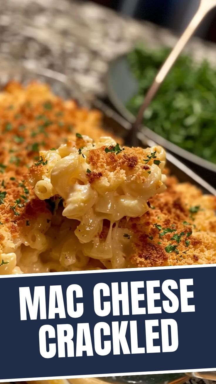A golden-brown dish of baked mac and cheese, fresh from the oven.