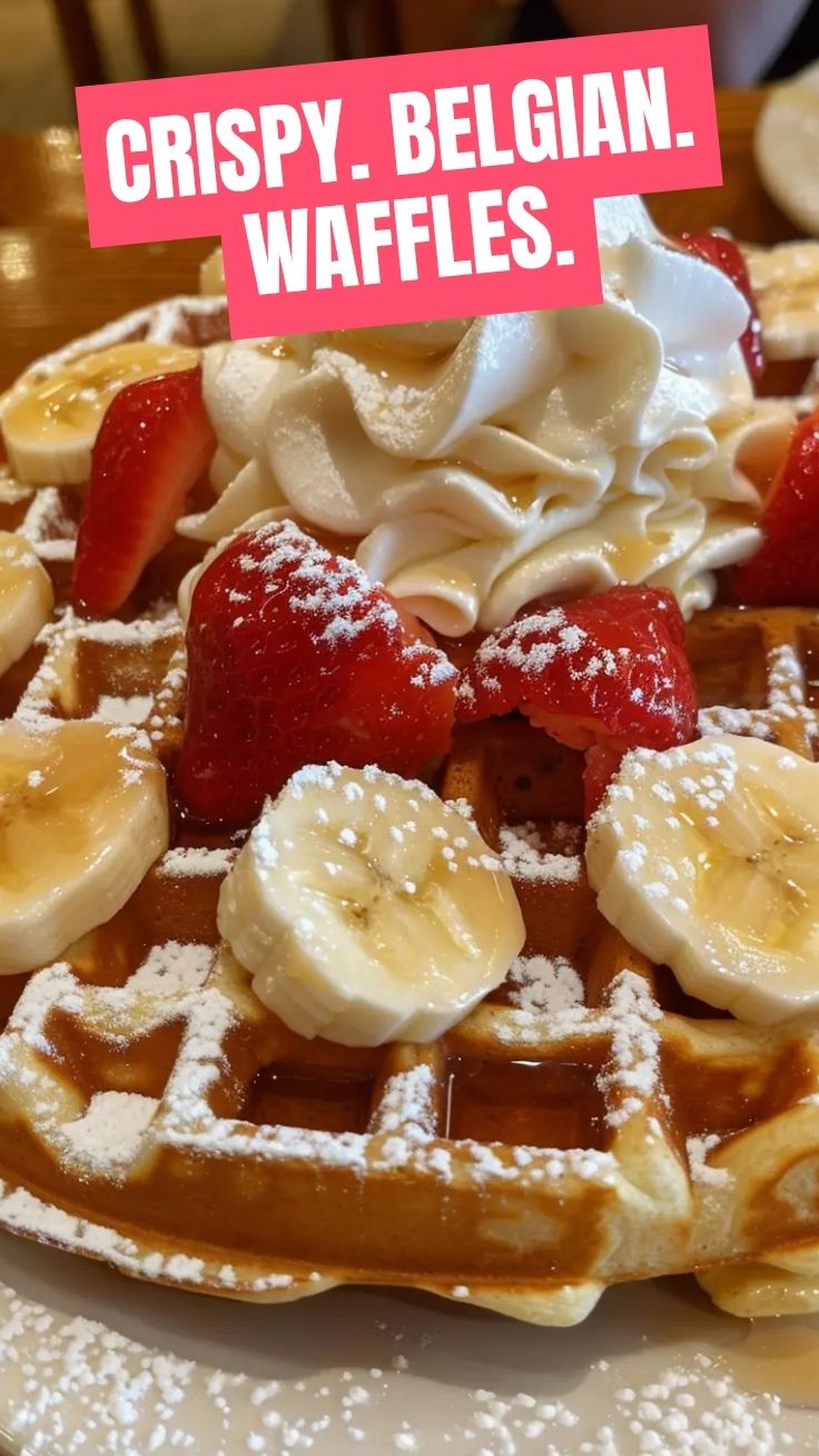 A stack of golden brown Belgian waffles on a white plate, ready to be topped.