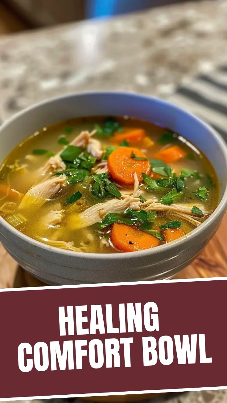 A steaming bowl of chicken soup with vegetables