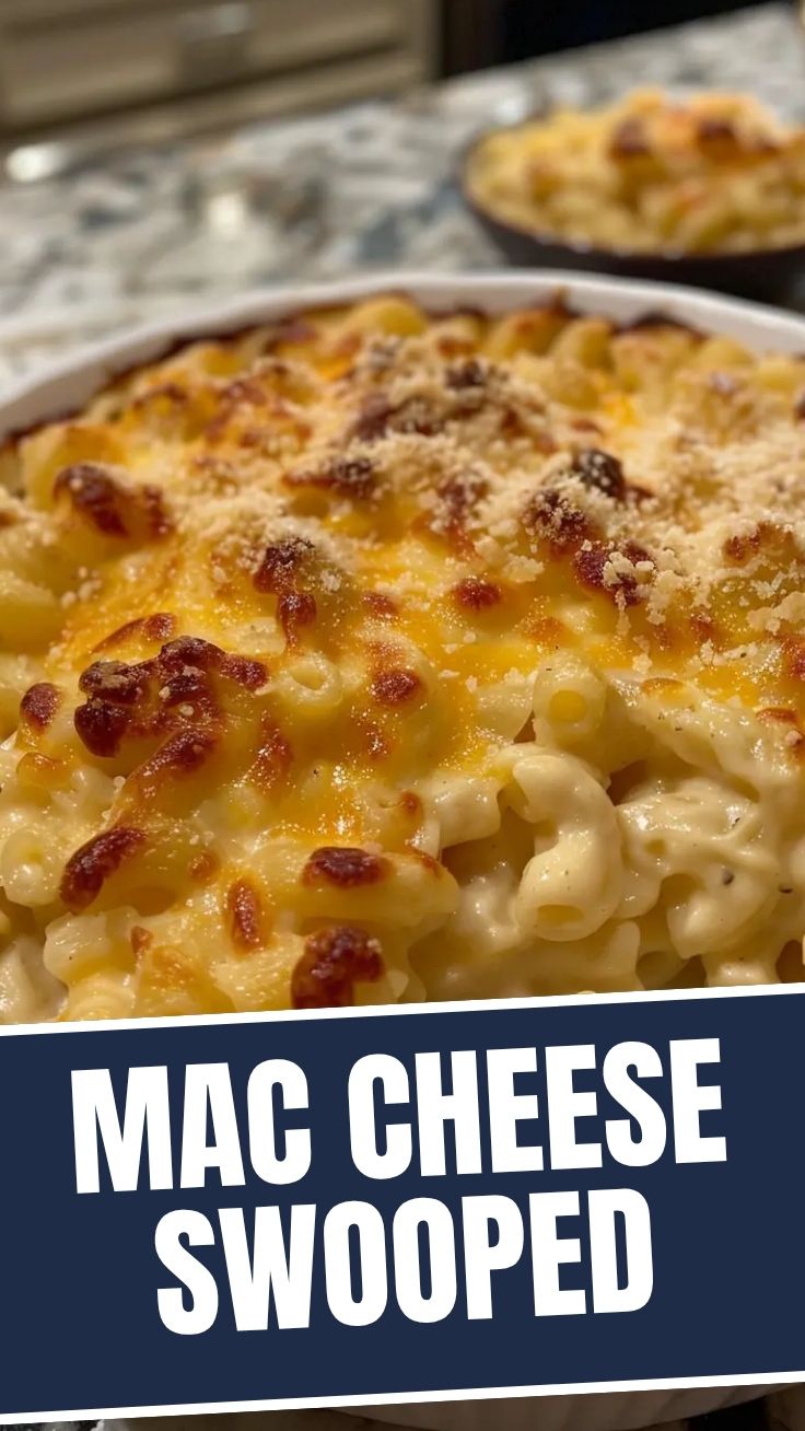 A close-up of creamy mac and cheese in a golden-brown casserole dish