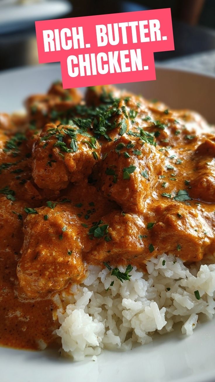 A bowl of rich and creamy butter chicken garnished with fresh cilantro