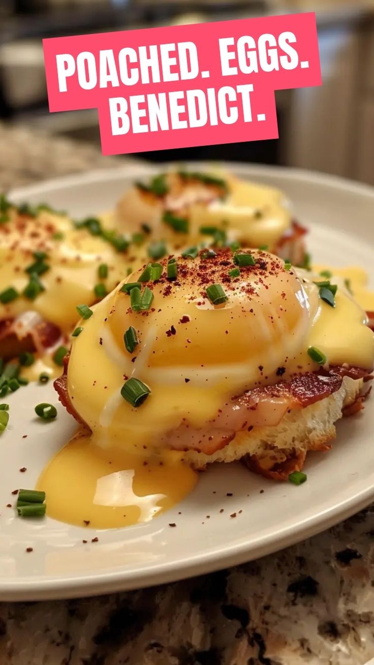 A perfectly plated Eggs Benedict with runny yolk and hollandaise sauce.
