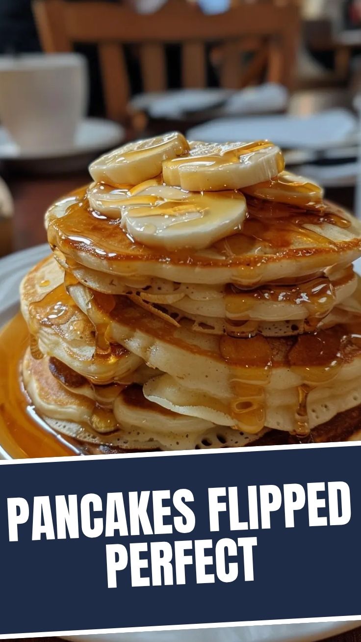 A stack of fluffy golden pancakes drizzled with syrup