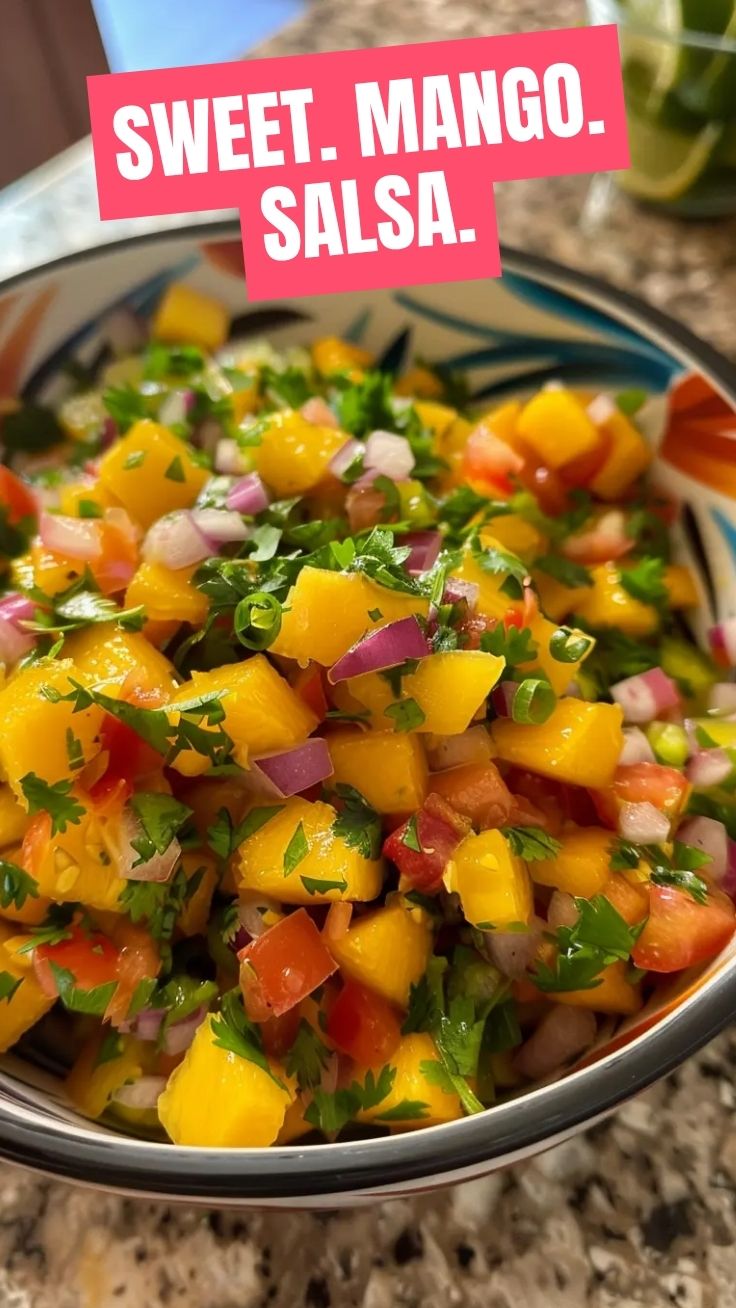 Bowl of fresh mango salsa with diced red onion, cilantro, and lime