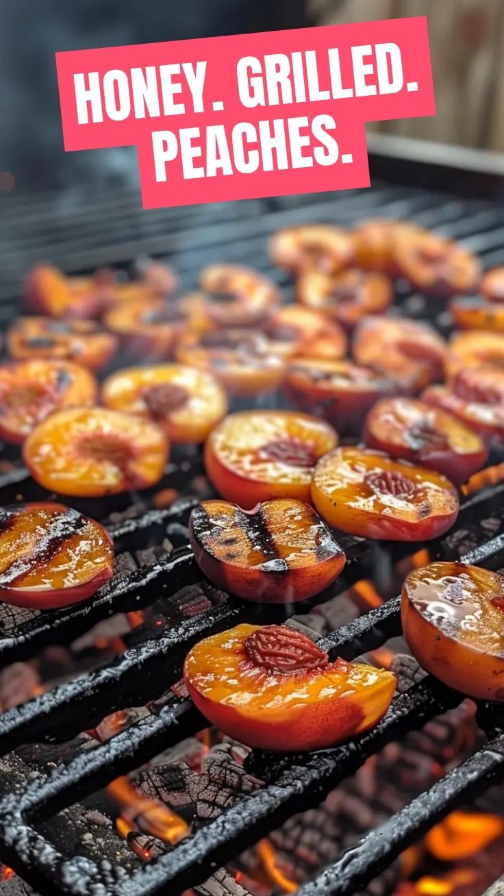 Grilled peaches drizzled with honey, showing caramelized edges