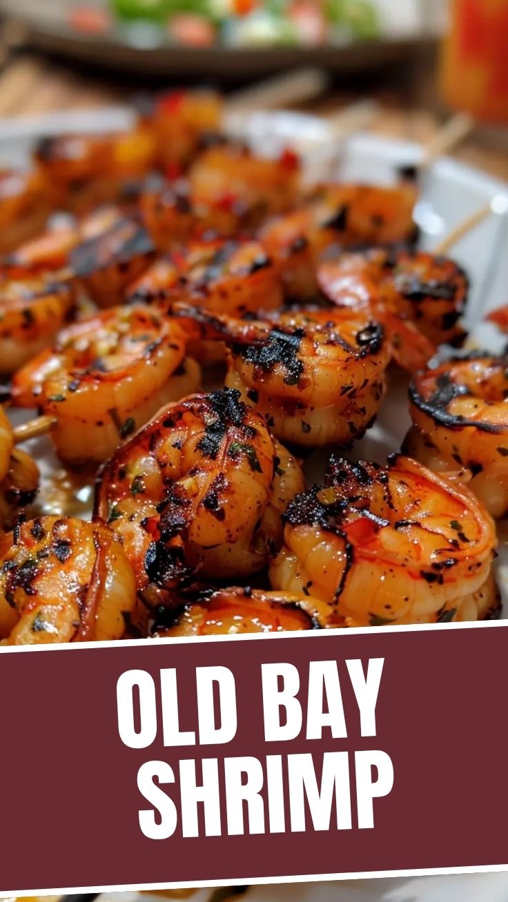 Plump grilled shrimp skewers arranged on a serving platter.
