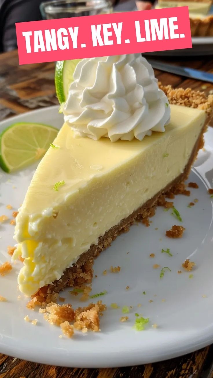 A vibrant slice of key lime pie with a graham cracker crust and whipped cream.