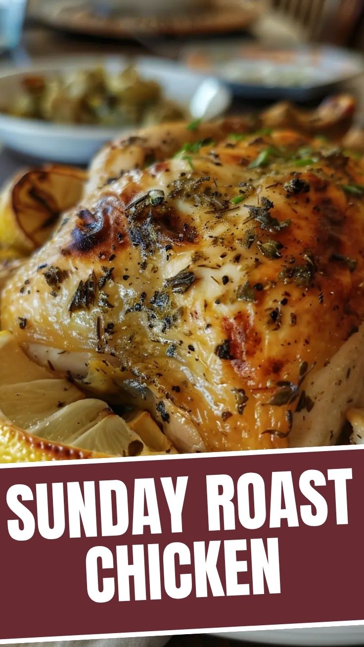 A whole lemon herb roasted chicken with golden-brown skin, garnished with fresh herbs.