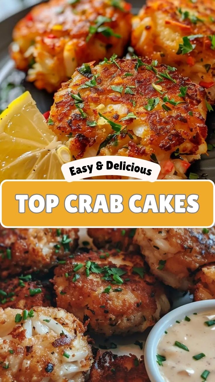 Platter of golden brown Maryland style crab cakes, perfectly seared.