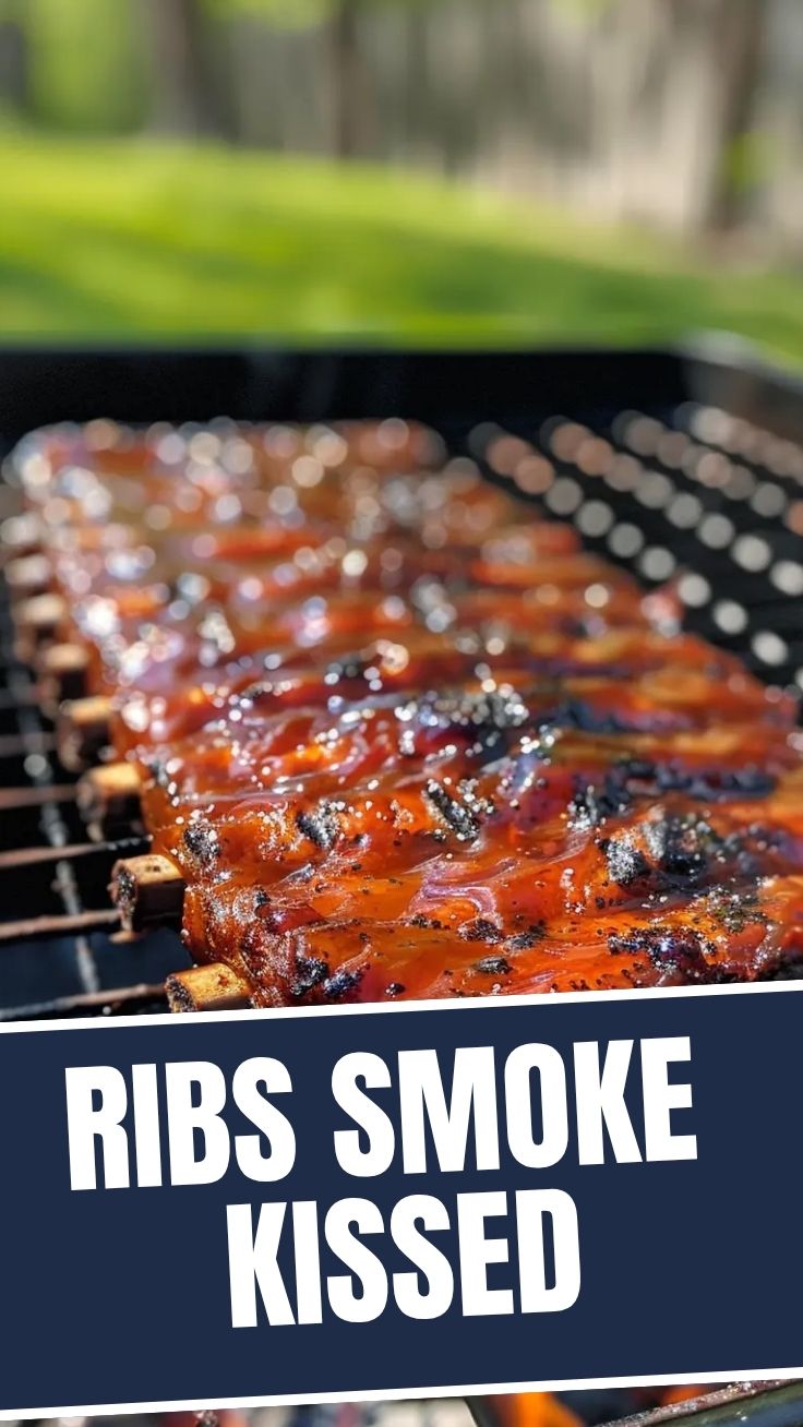 A platter of perfectly grilled BBQ ribs with a glistening sauce.