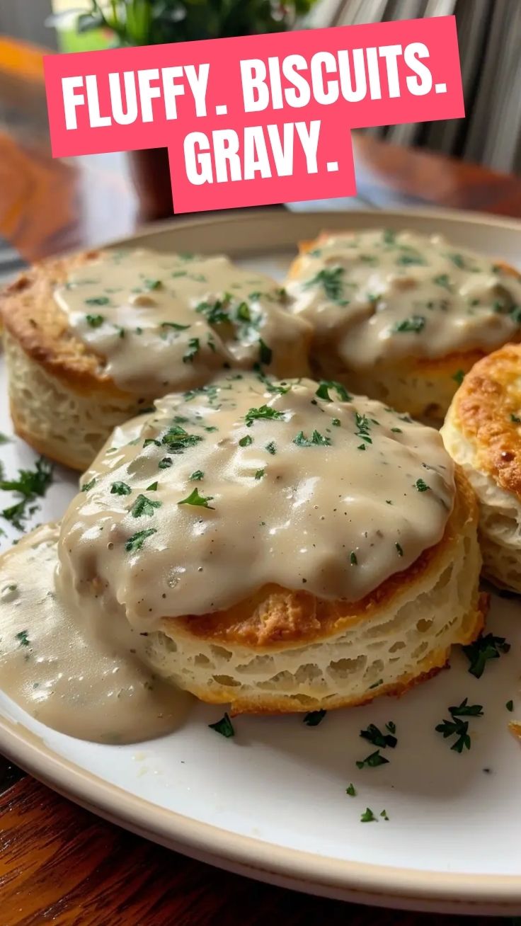 A plate of warm biscuits and gravy, generously covered with sausage gravy
