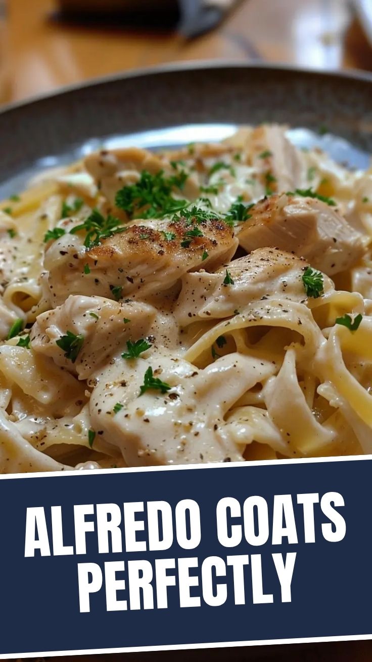 A serving of creamy chicken Alfredo pasta on a white plate.