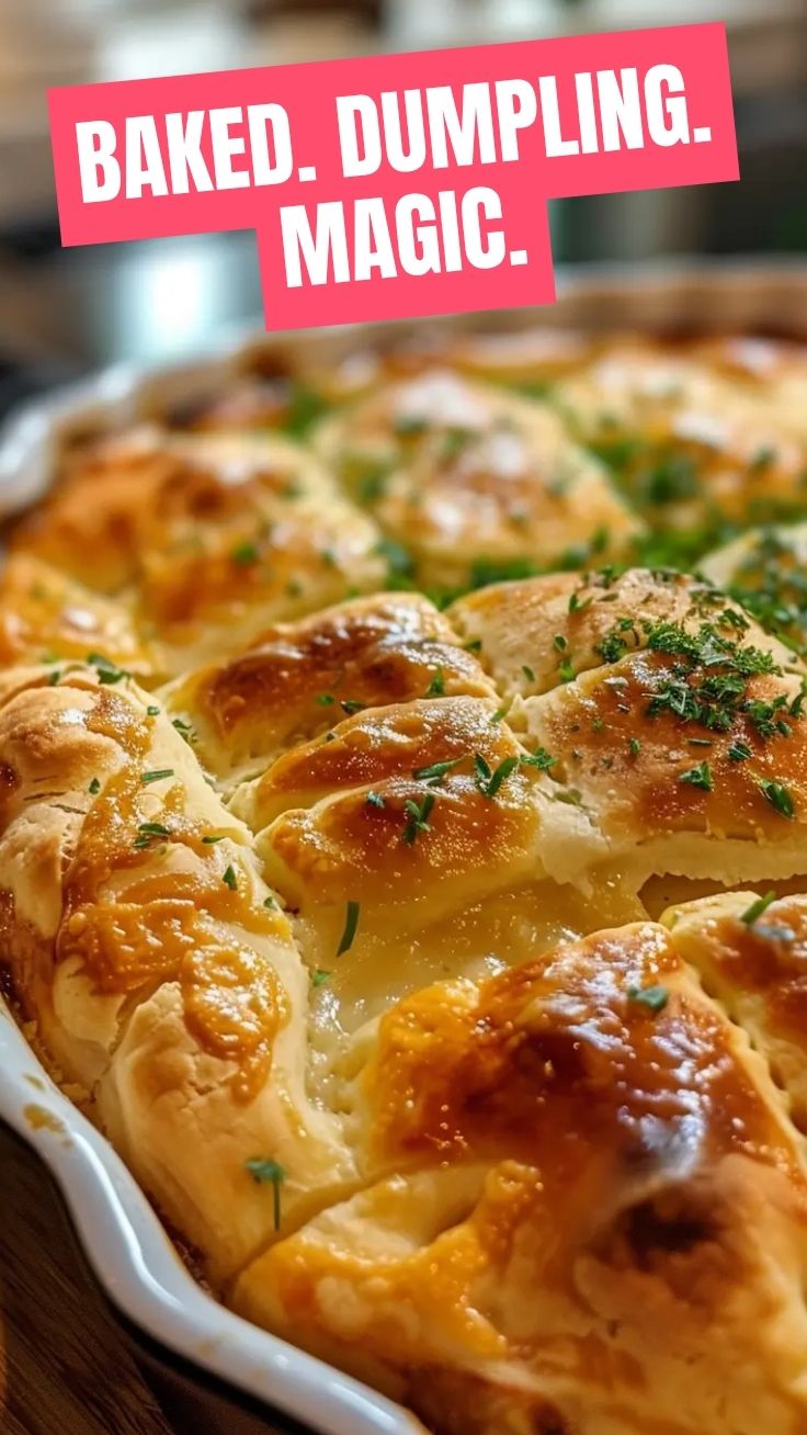 A golden-brown dumpling bake fresh out of the oven
