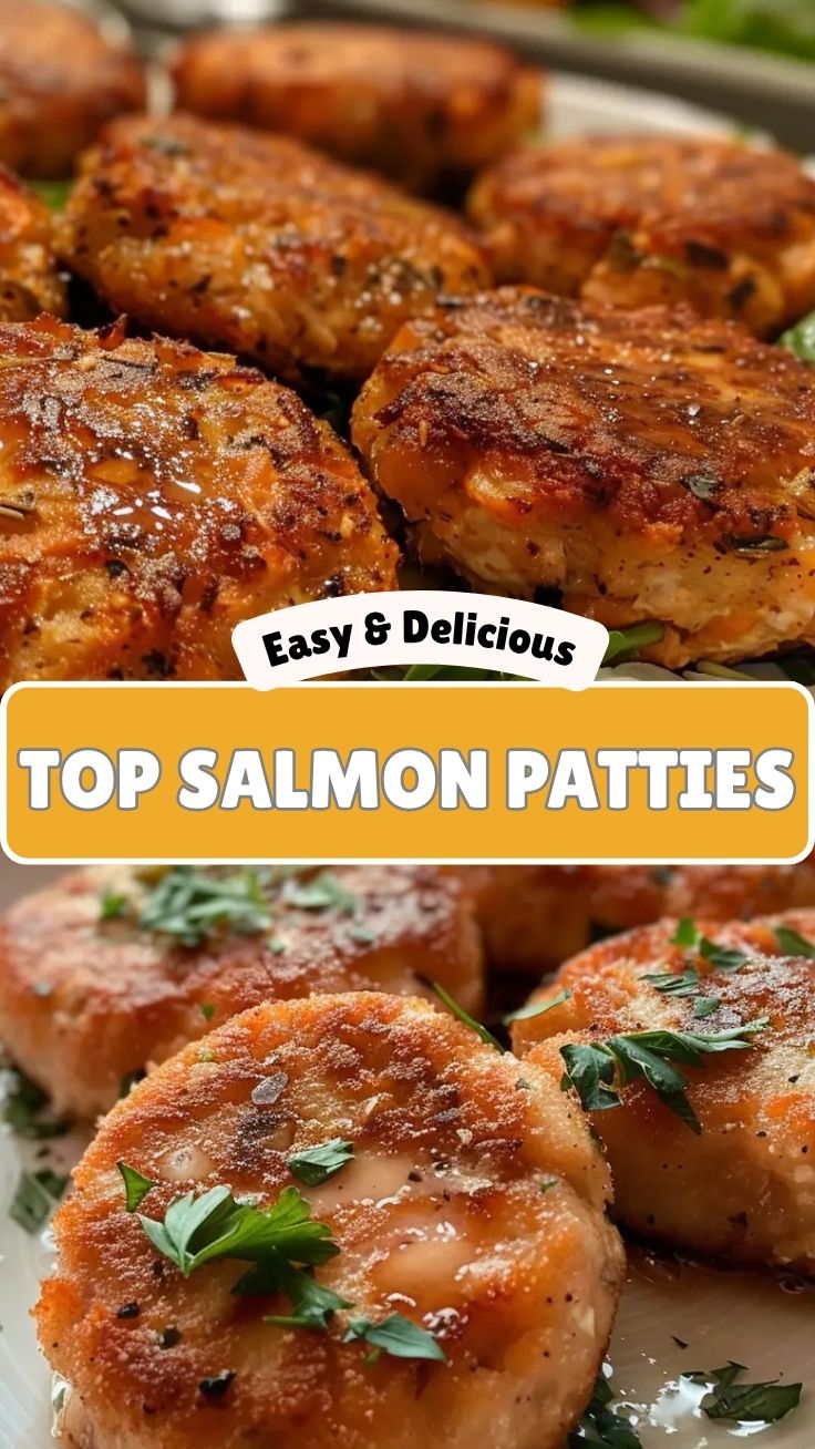 Freshly cooked salmon patties, golden brown and flaky
