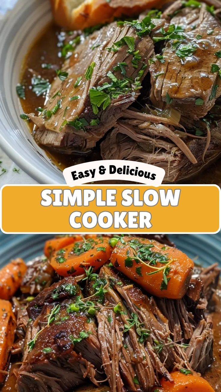 A delicious slow cooker pot roast in a ceramic pot, ready to serve.