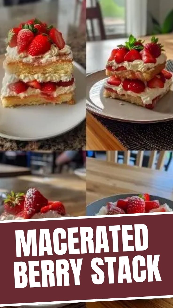 A freshly prepared strawberry shortcake with cream and berries.