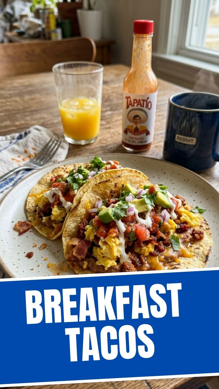A close-up shot of two breakfast tacos filled with eggs, cheese, and salsa on a white plate.