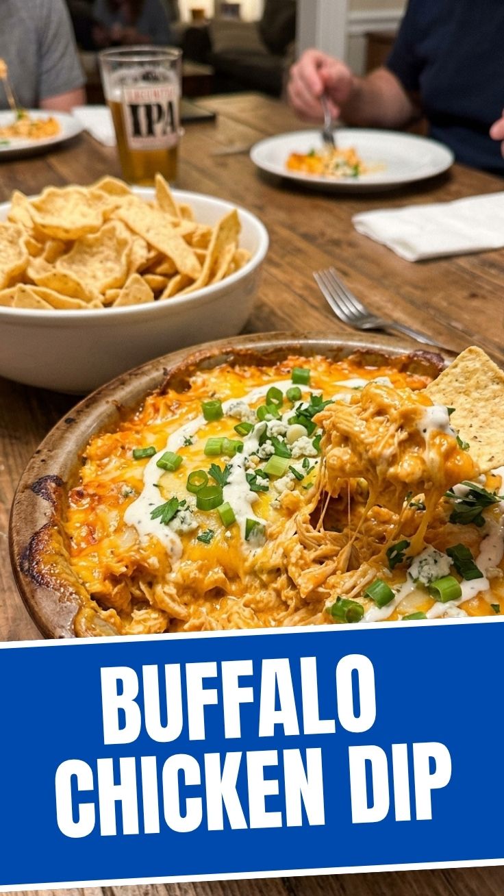 A creamy buffalo chicken dip in a ceramic bowl with tortilla chips.