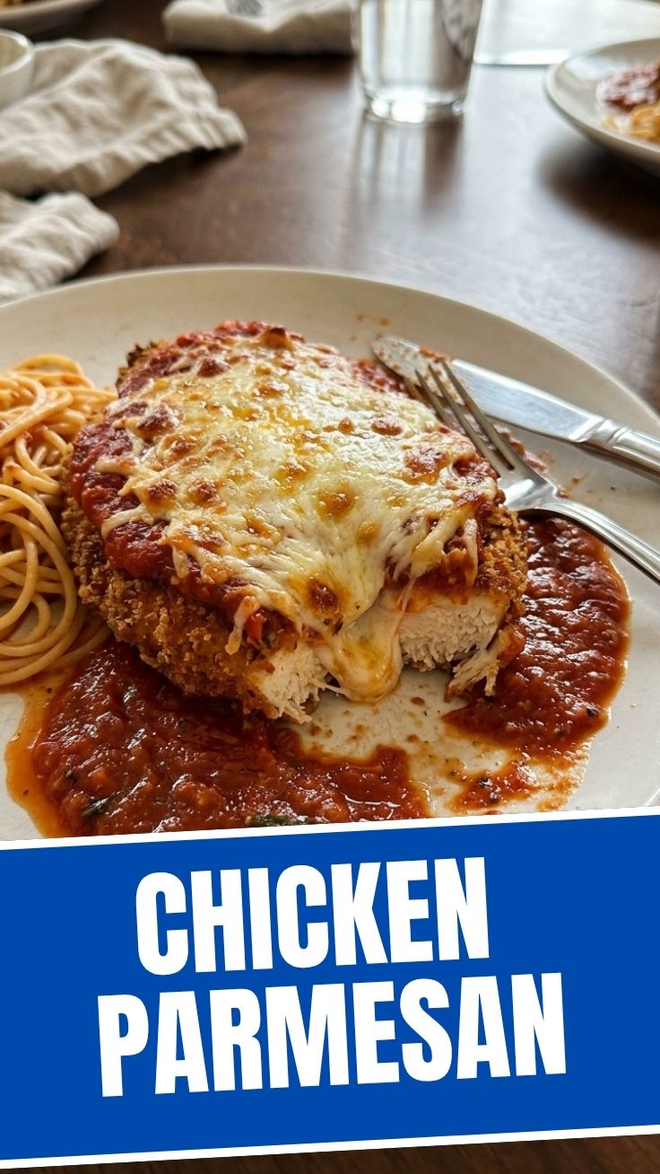 A serving of chicken parmesan topped with melted cheese and marinara sauce.