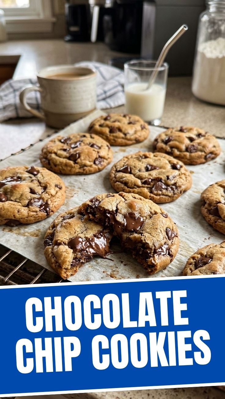 Freshly baked chocolate chip cookies on a cooling rack, slightly warm.