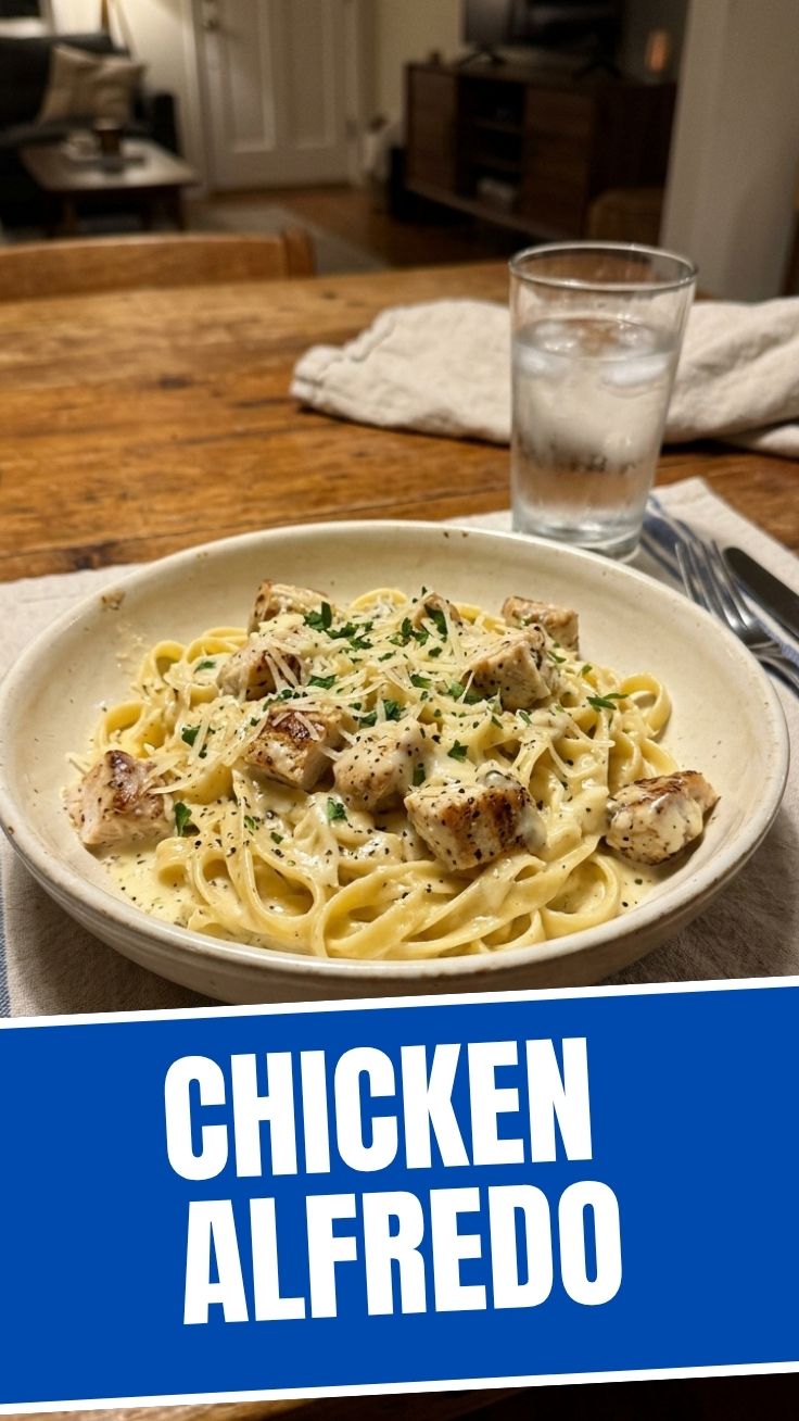 A white bowl filled with creamy chicken alfredo pasta, garnished with fresh parsley.