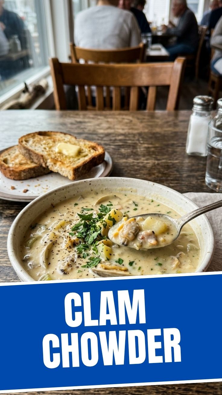 A warm bowl of creamy clam chowder.