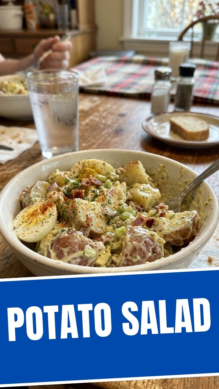 A bowl of creamy potato salad garnished with fresh herbs