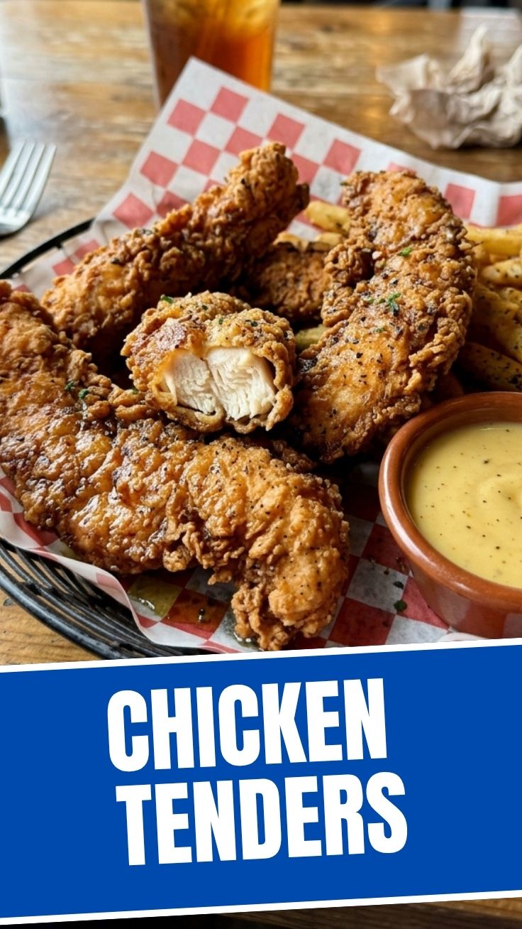 Golden brown crispy chicken tenders expertly fried and stacked.