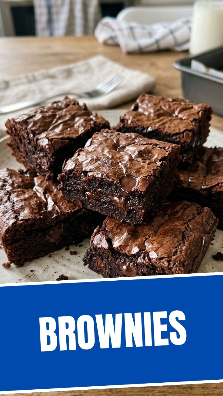 A close-up shot of rich, dark chocolate brownies with a slightly cracked top.