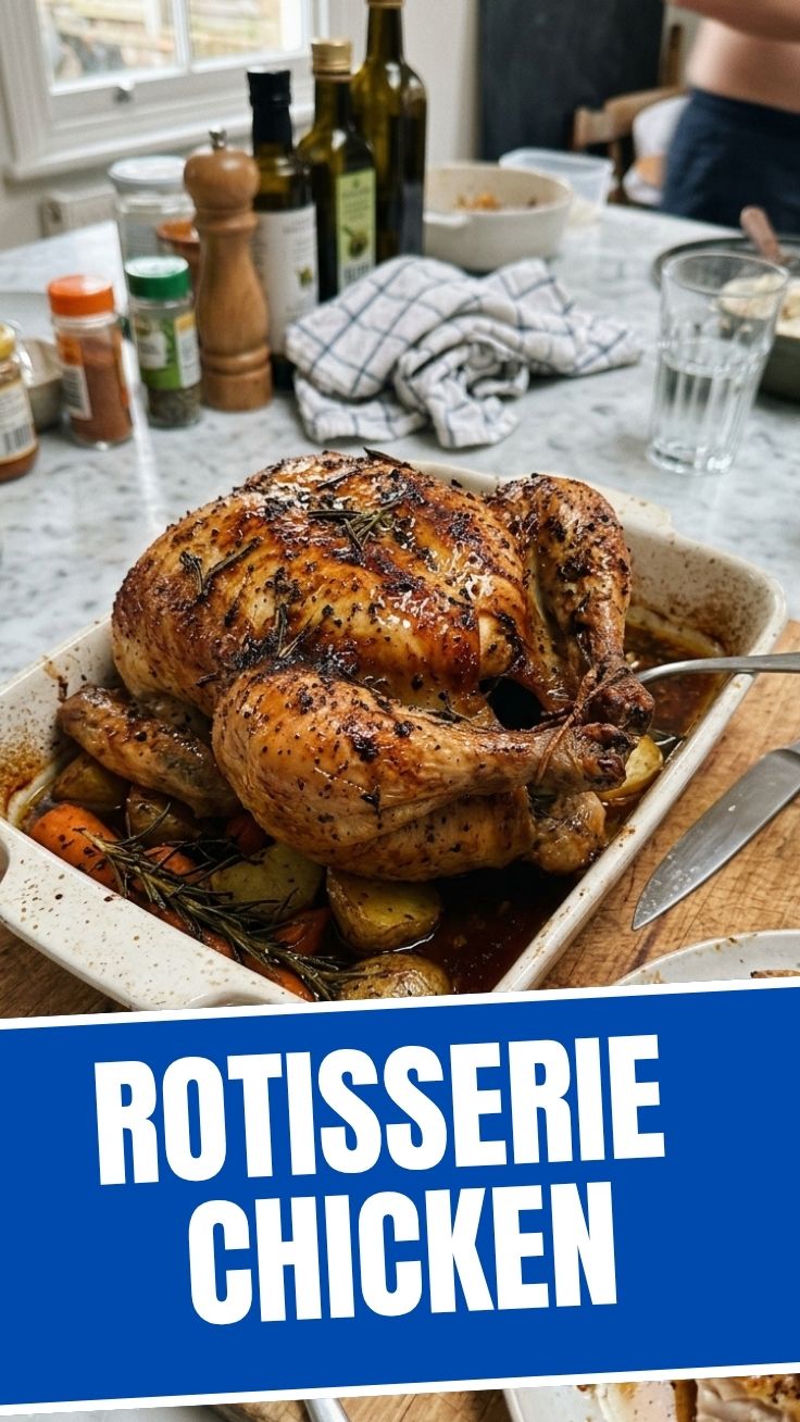 A cooked rotisserie chicken, perfect for various recipes, presented on a platter.