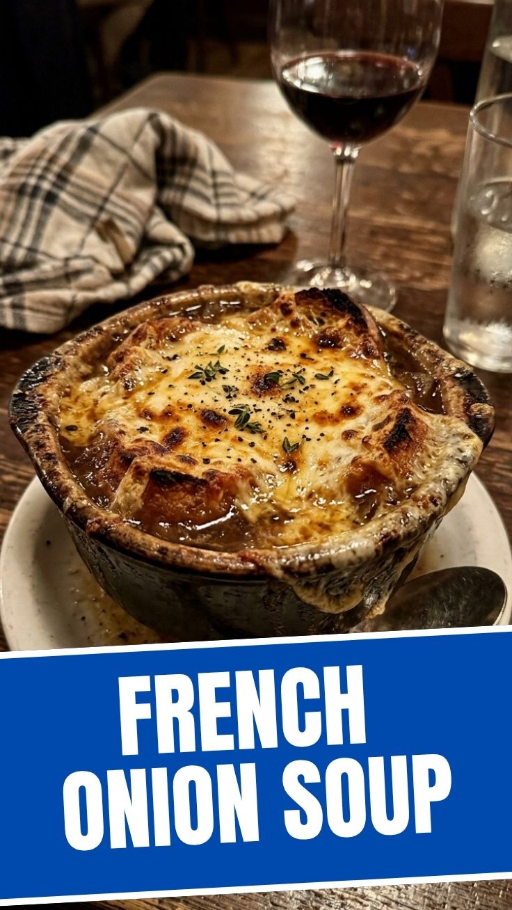 A steaming bowl of French Onion Soup topped with melted Gruyere cheese and toasted croutons.