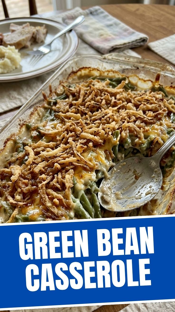 A classic green bean casserole, golden brown and bubbly, in a white baking dish.