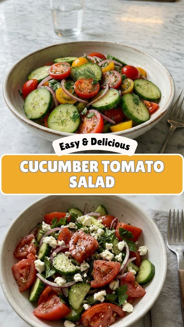 A fresh healthy cucumber tomato salad in a glass bowl, ready to serve.