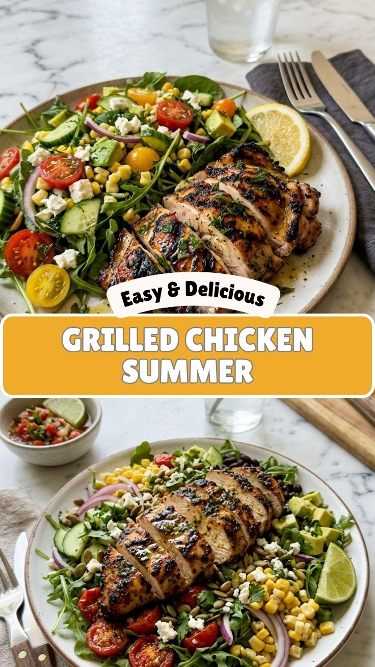 A healthy grilled chicken summer recipe with fresh herbs and vegetables.