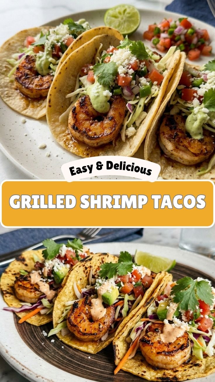 Delicious healthy grilled shrimp tacos with fresh toppings