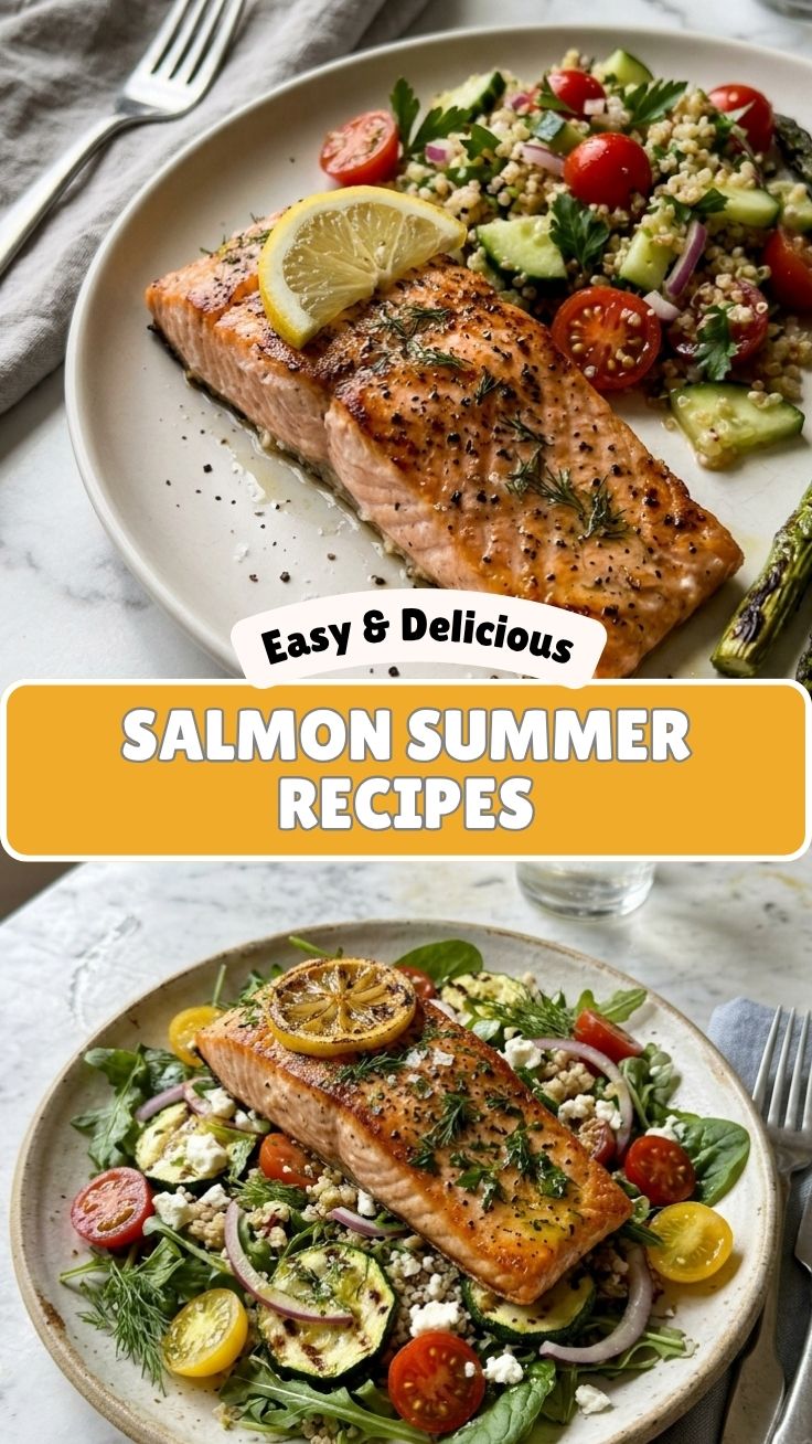 A plate of grilled healthy salmon with fresh summer vegetables and herbs