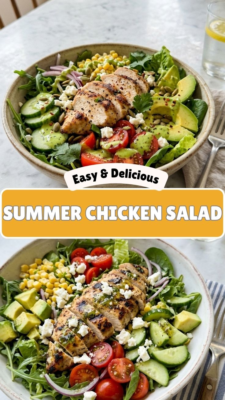 A refreshing healthy summer chicken salad in a bowl, ready to eat