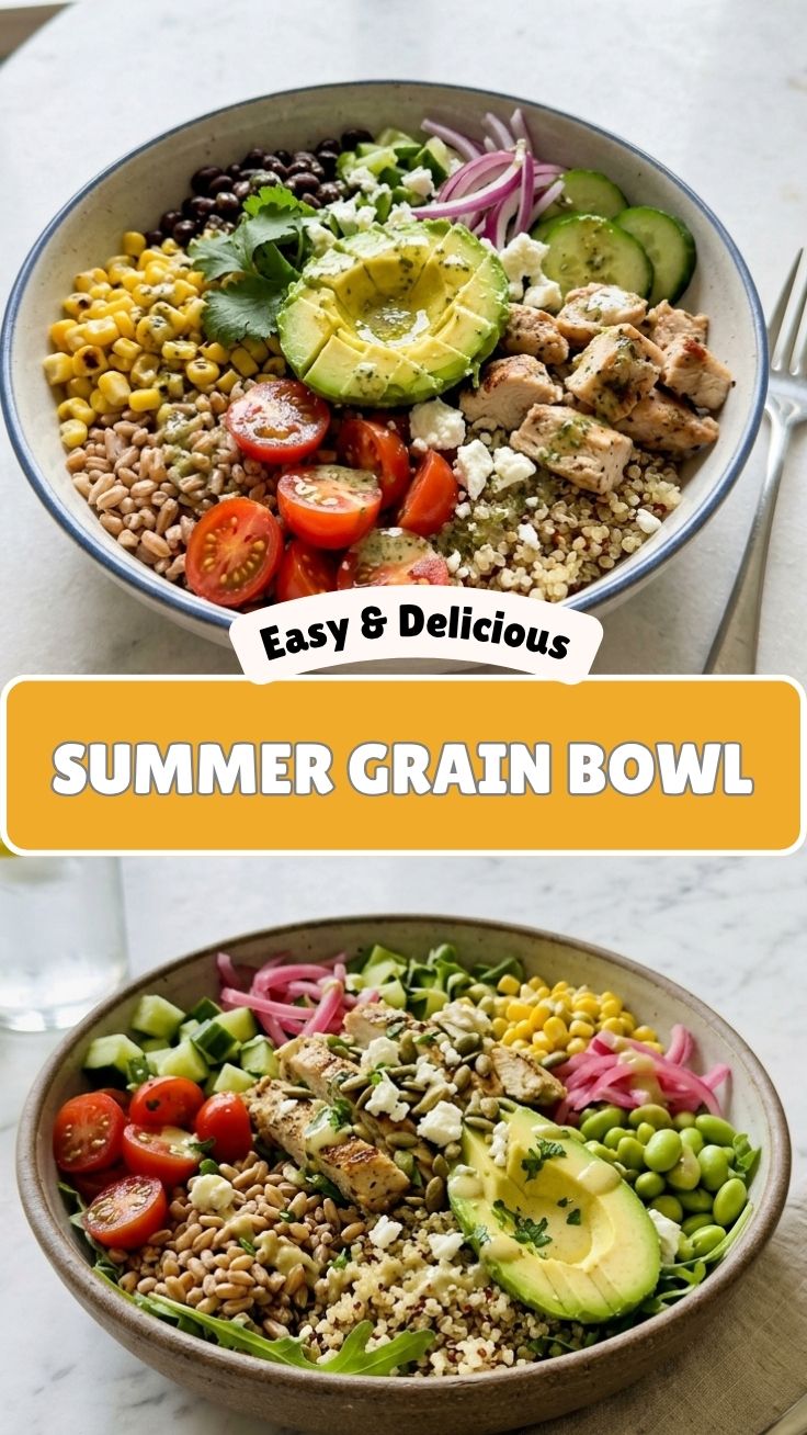 A vibrant healthy summer grain bowl with fresh vegetables