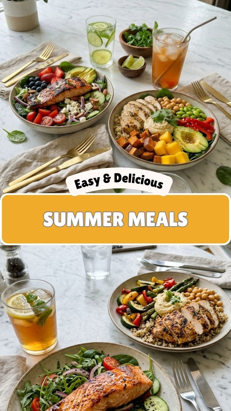A table set with healthy summer meals for two, featuring fresh produce and light dishes.