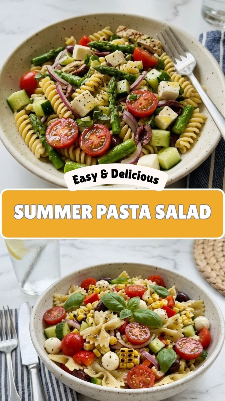 A colorful and vibrant bowl of healthy summer pasta salad with fresh vegetables.