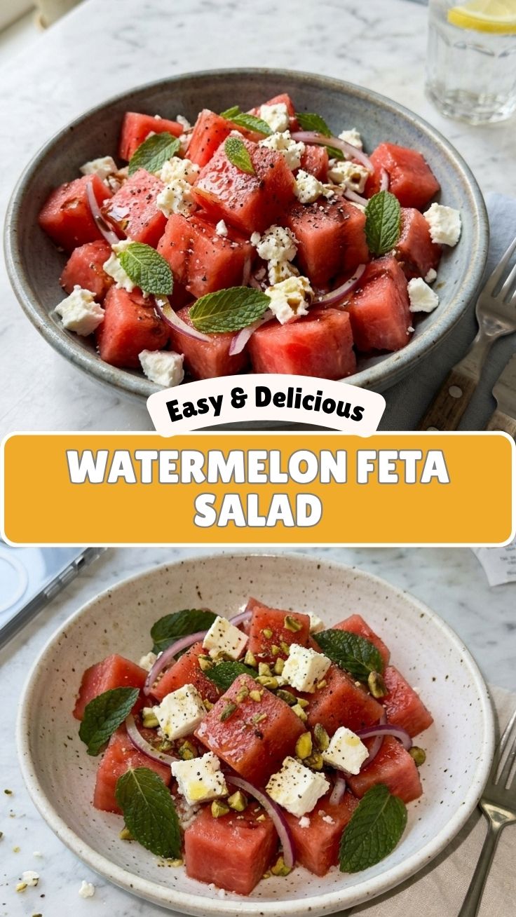 A refreshing healthy watermelon feta salad with mint on a white plate