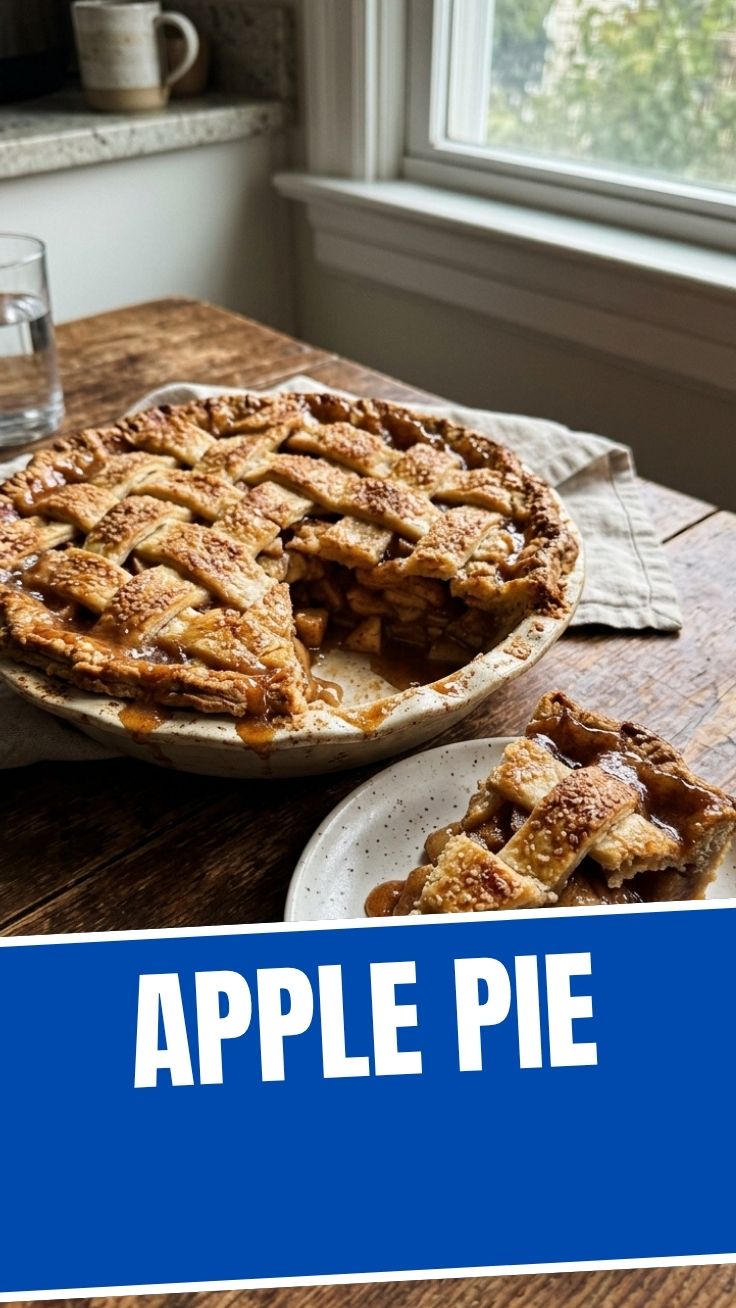 A freshly baked apple pie with a golden, flaky crust on a cooling rack.