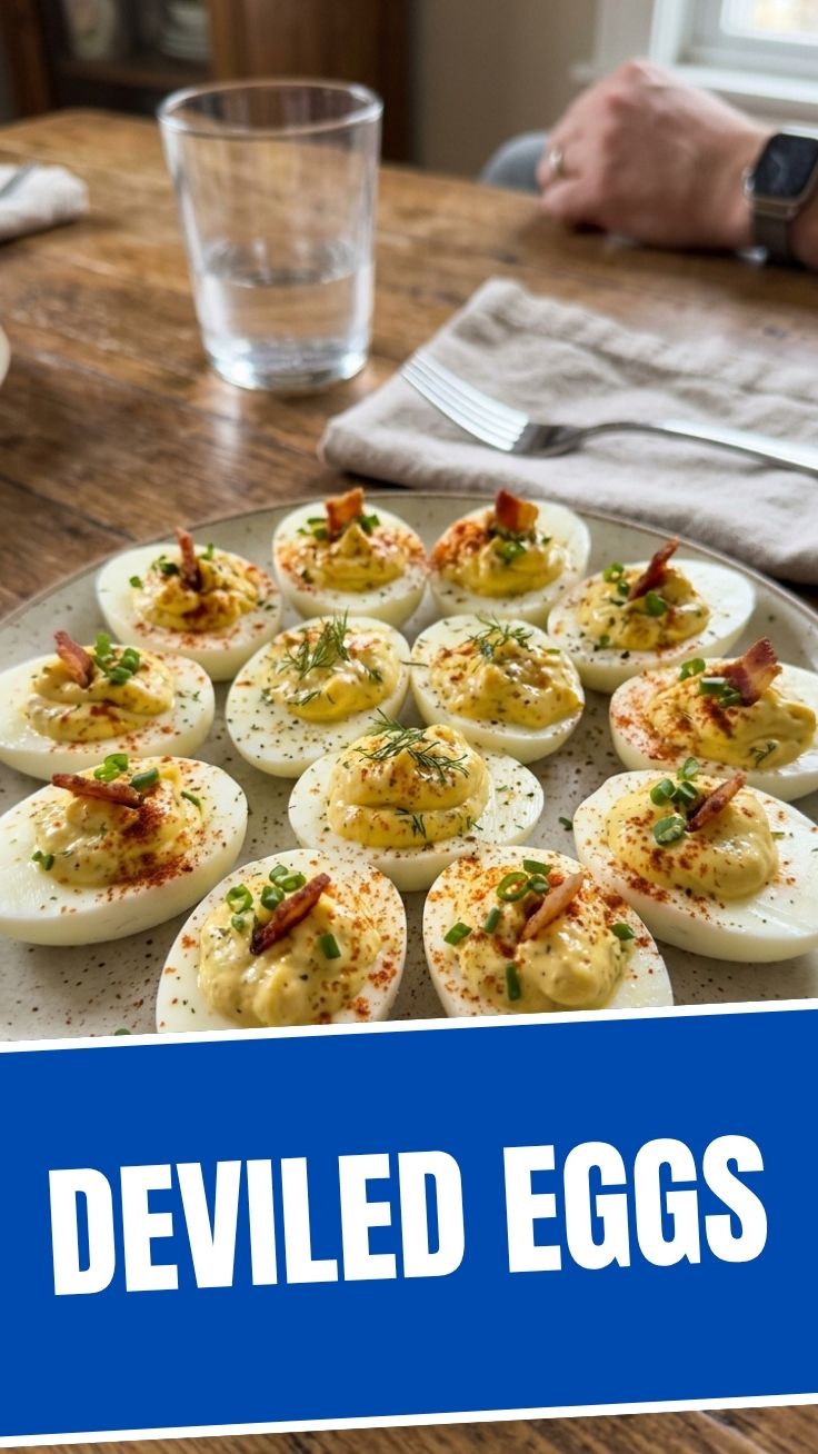 A platter of perfectly made deviled eggs, garnished for a gathering.