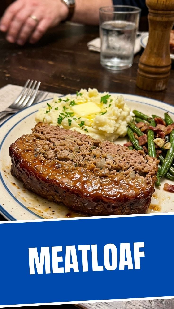 A perfectly baked meatloaf, golden brown and glistening with sauce, ready to serve.