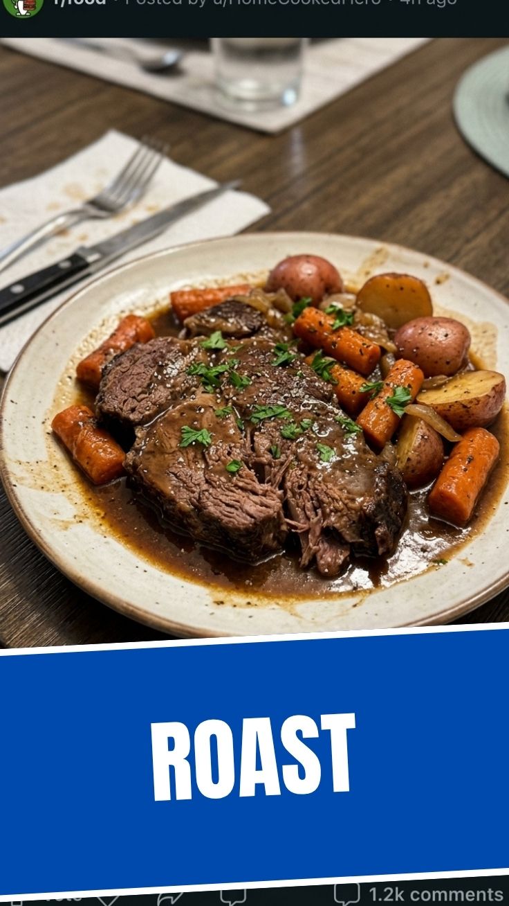 A rich, tender pot roast served with vegetables on a plate