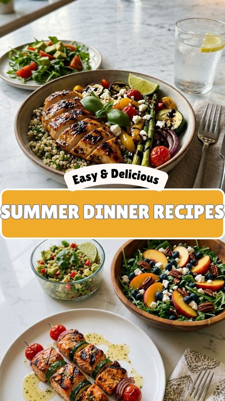 Various colourful healthy summer dinner recipes displayed on a table