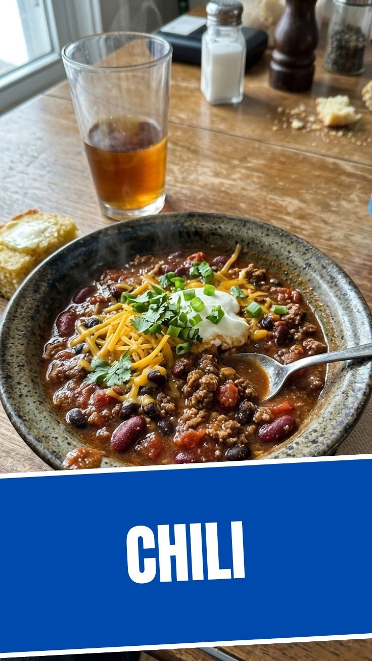 A steaming bowl of homemade chili, rich with beans and meat, topped with cheese.