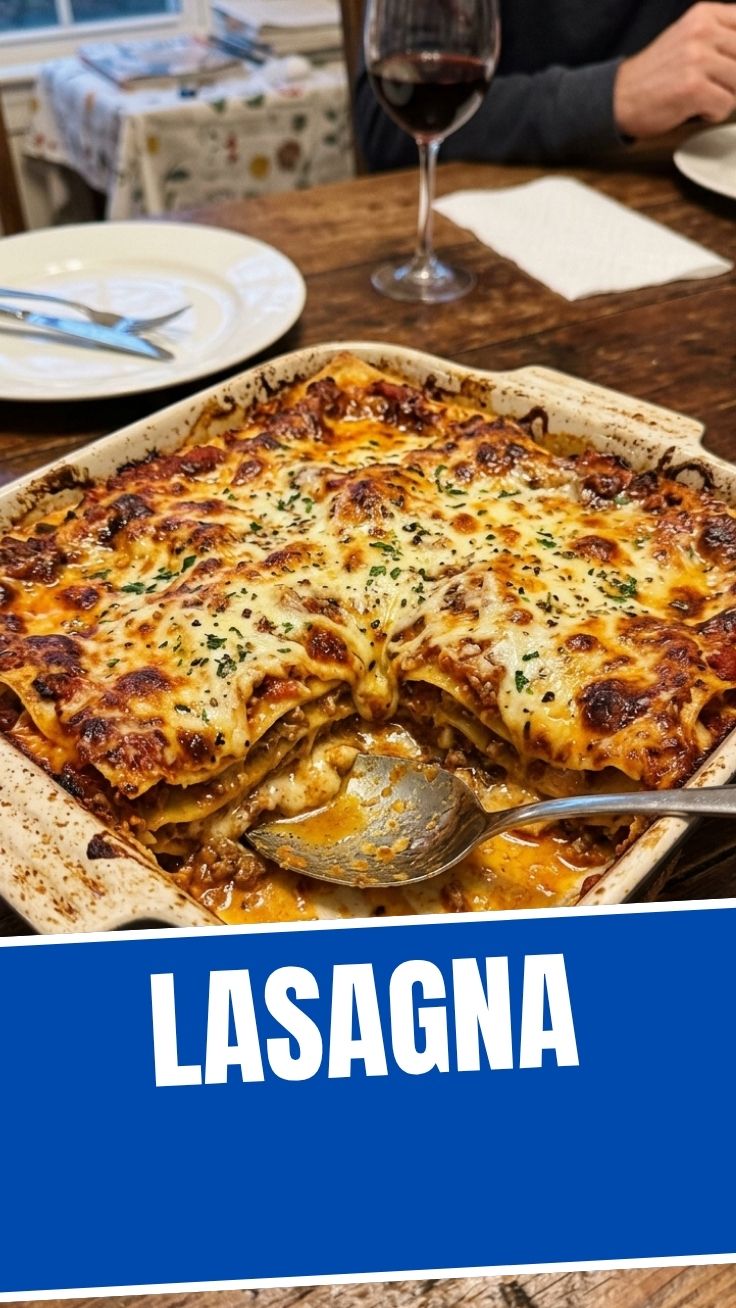 A freshly baked lasagna with melted cheese and rich tomato sauce