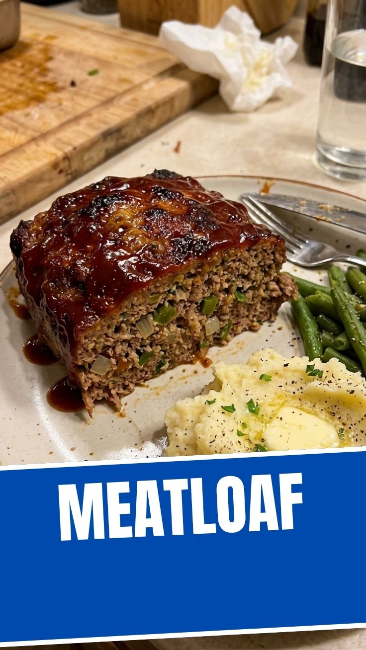 A freshly baked meatloaf, perfectly browned with a savory glaze.